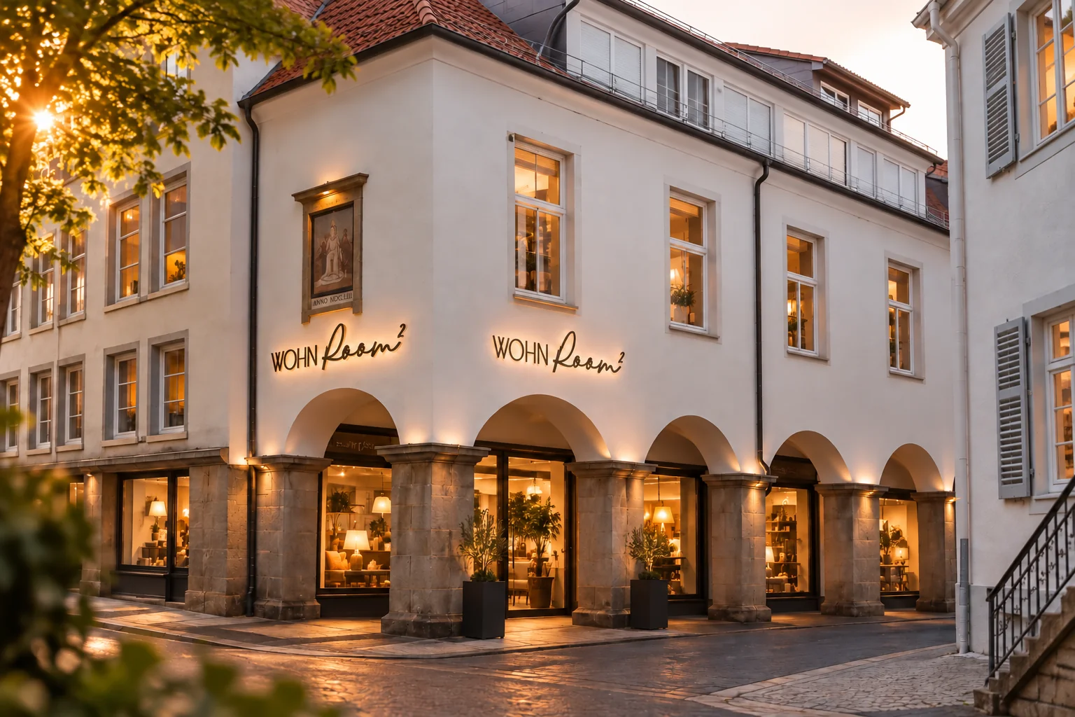 WOHNRoom²-Geschäft an der Marktstraße 2 in der Soester Altstadt am Abend